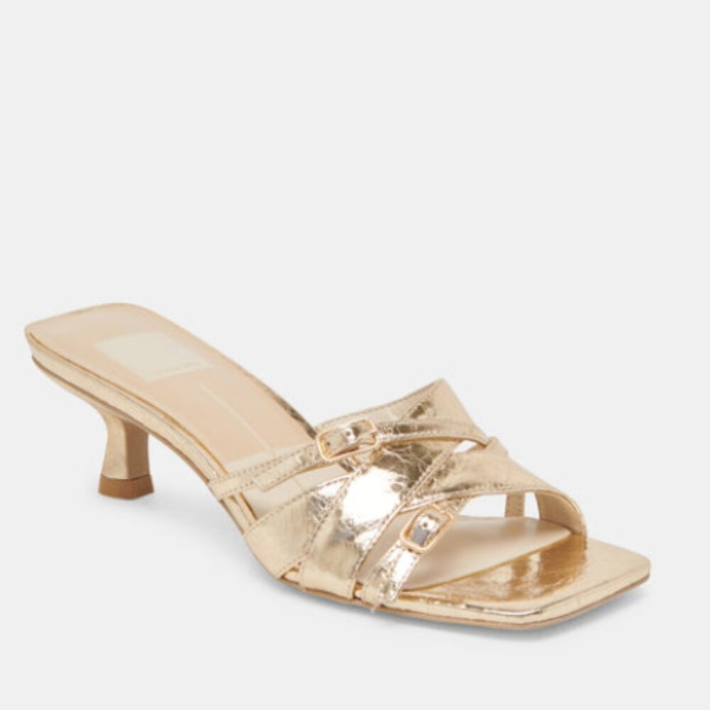 NEW DOLCE VITA Made In Brazil Leather Bryant Heeled Sandals in gold 0126 3t2